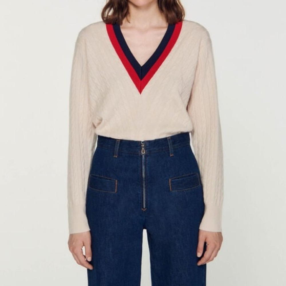 Sandro V line striped collar sweater